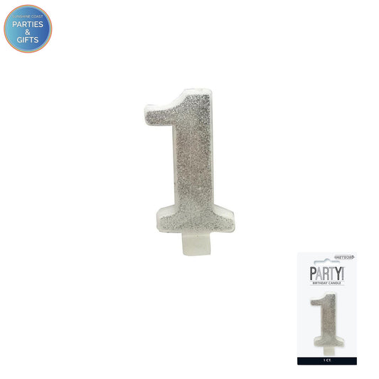 SILVER GLITTER NUMERAL CANDLE - # 1