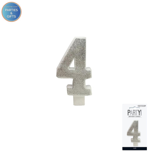 SILVER GLITTER NUMERAL CANDLE - # 4