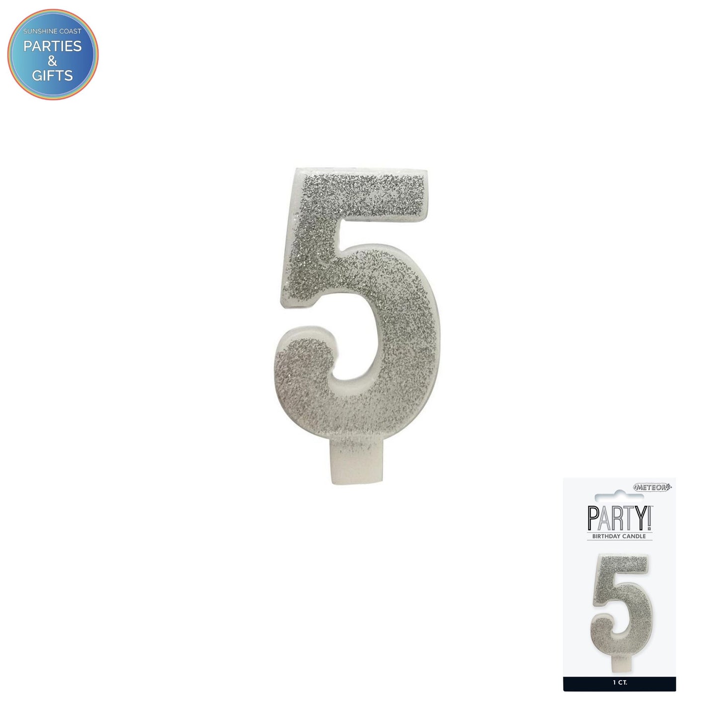 SILVER GLITTER NUMERAL CANDLE - # 5