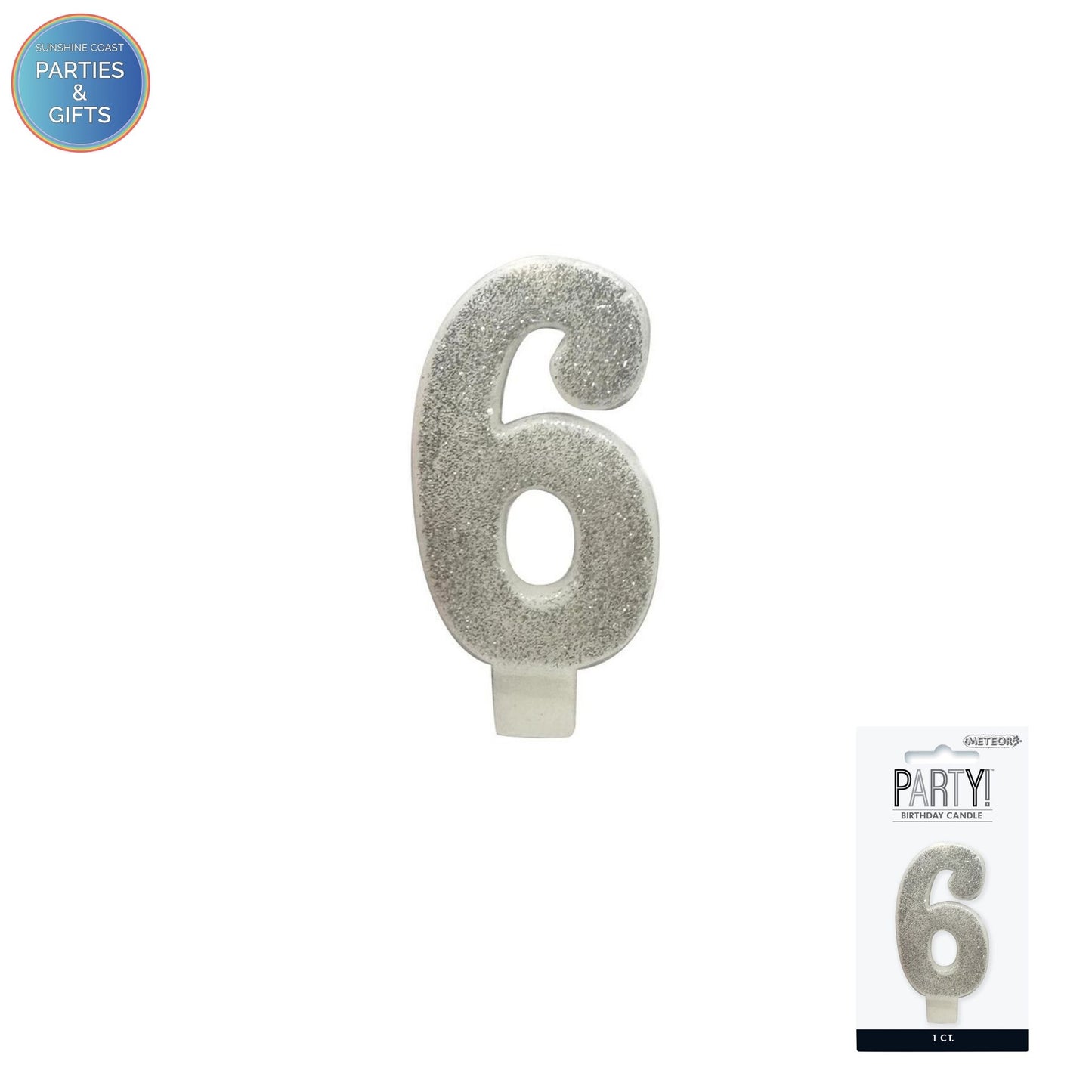SILVER GLITTER NUMERAL CANDLE - # 6