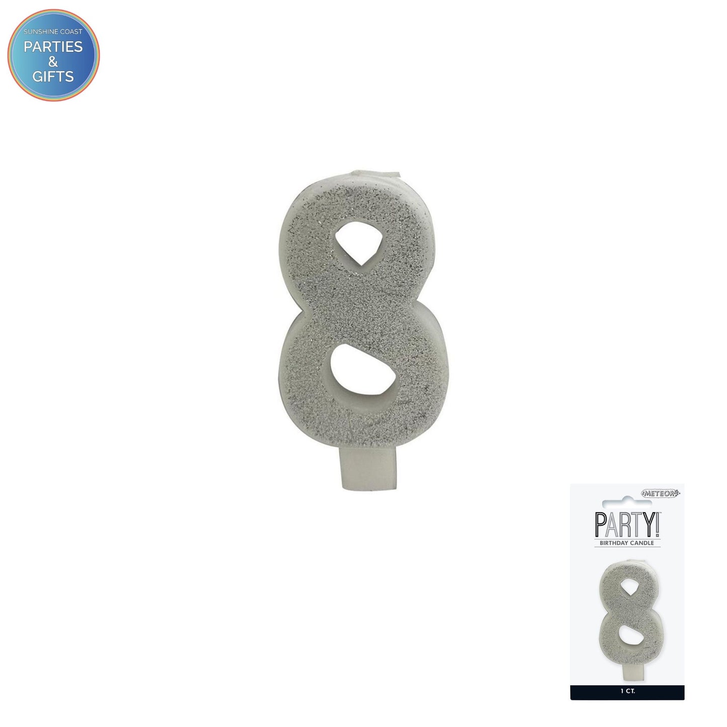 SILVER GLITTER NUMERAL CANDLE - # 8