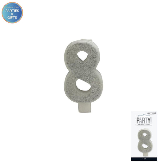 SILVER GLITTER NUMERAL CANDLE - # 8