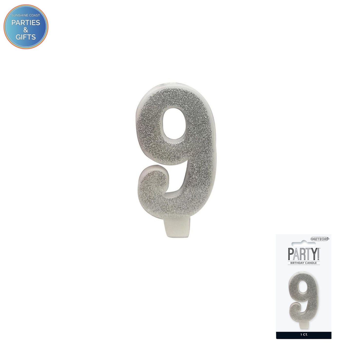 SILVER GLITTER NUMERAL CANDLE - # 9