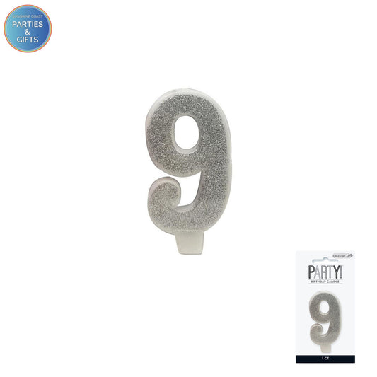 SILVER GLITTER NUMERAL CANDLE - # 9