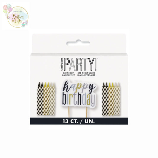 BLACK, GOLD & SILVER HAPPY BIRTHDAY CANDLE & 12 SPIRAL CANDLES