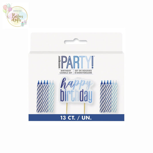 BLUE HAPPY BIRTHDAY CANDLE & 12 SPIRAL CANDLES