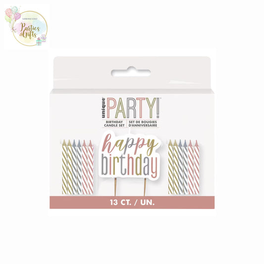 GOLD, ROSE GOLD & SILVER HAPPY BIRTHDAY CANDLE & 12 SPIRAL CANDLES