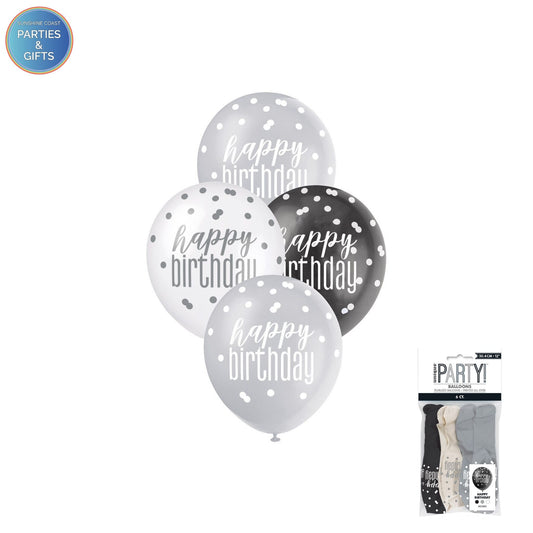 HAPPY BIRTHDAY BLACK, SILVER & WHITE 30.4CM LATEX BALLOONS 6 PACK
