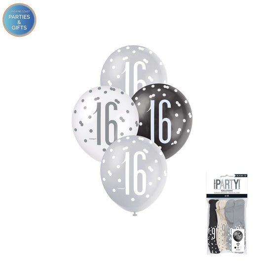 BLACK, SILVER & WHITE 30.4CM LATEX BALLOONS 6 PACK - AGE 16
