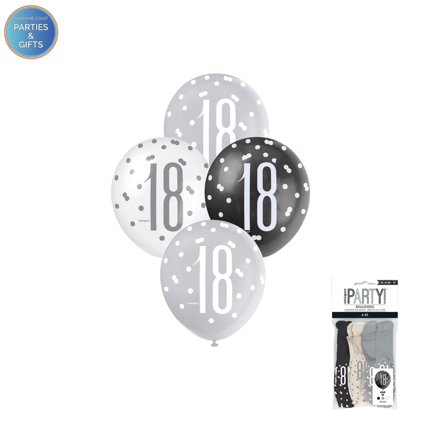 BLACK, SILVER & WHITE 30.4CM LATEX BALLOONS 6 PACK - AGE 18