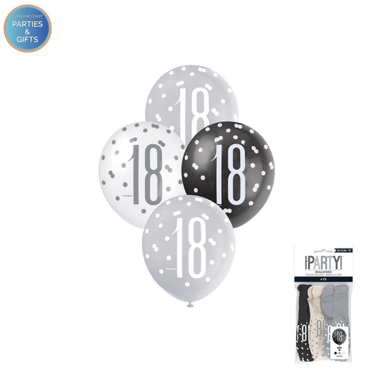 BLACK, SILVER & WHITE 30.4CM LATEX BALLOONS 6 PACK - AGE 18