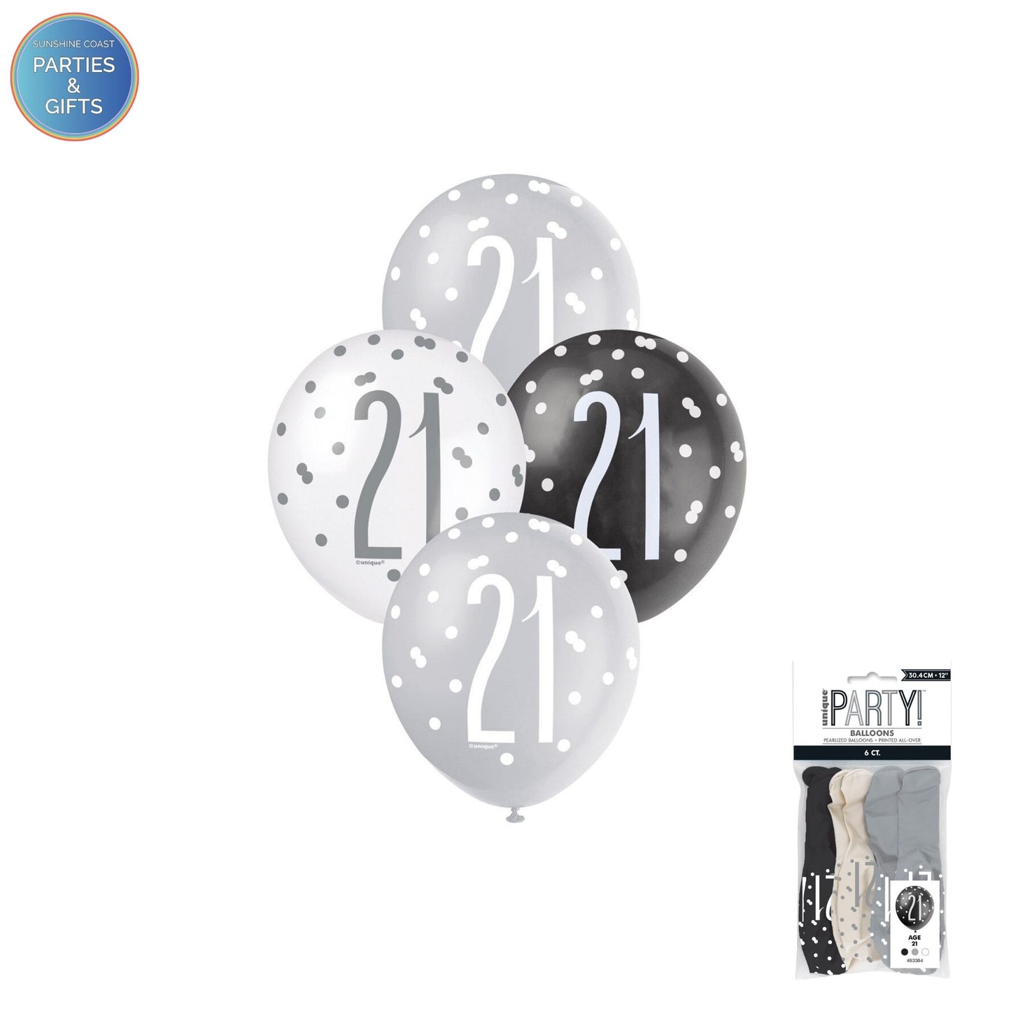 BLACK, SILVER & WHITE 30.4CM LATEX BALLOONS 6 PACK - AGE 21