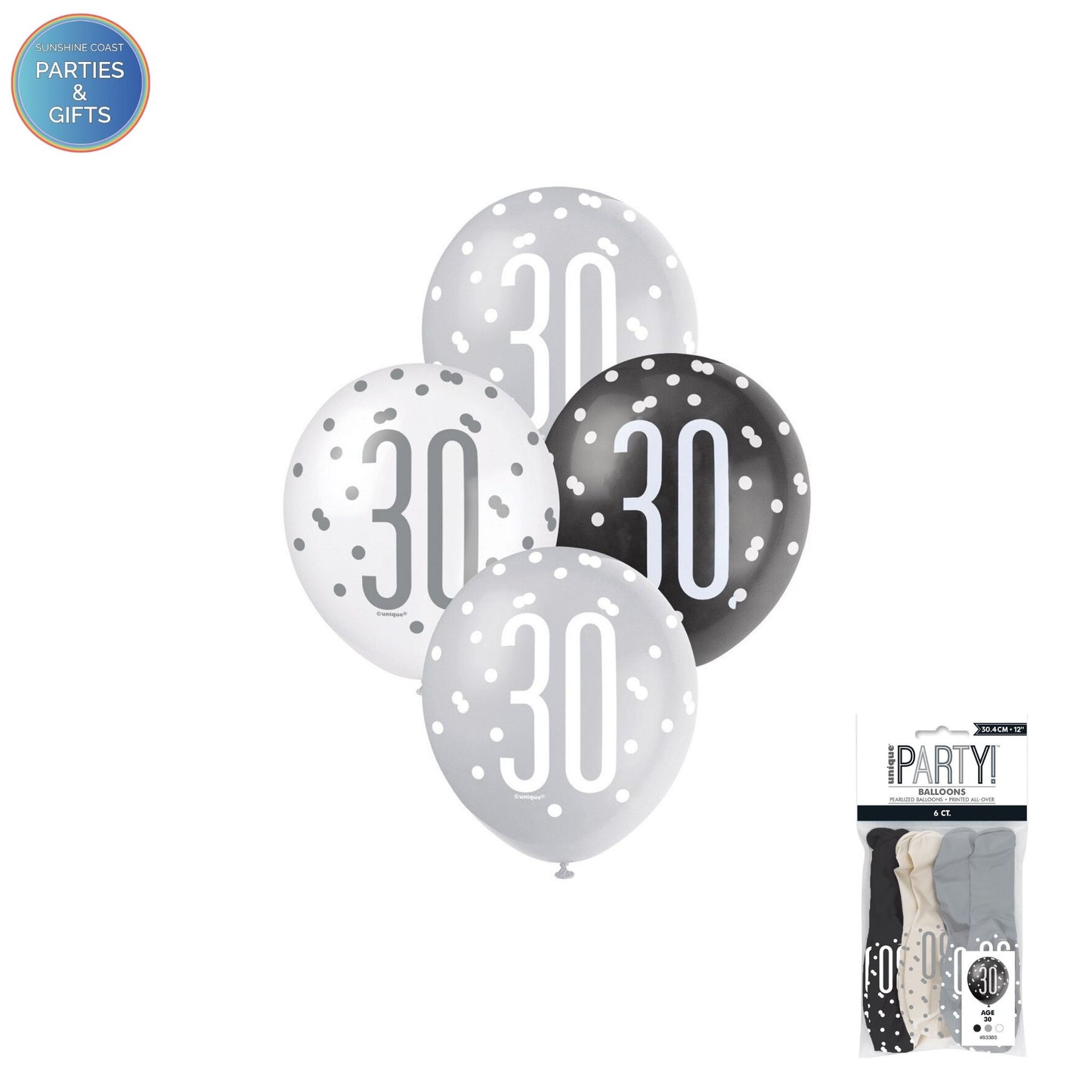 BLACK, SILVER & WHITE 30.4CM LATEX BALLOONS 6 PACK - AGE 30