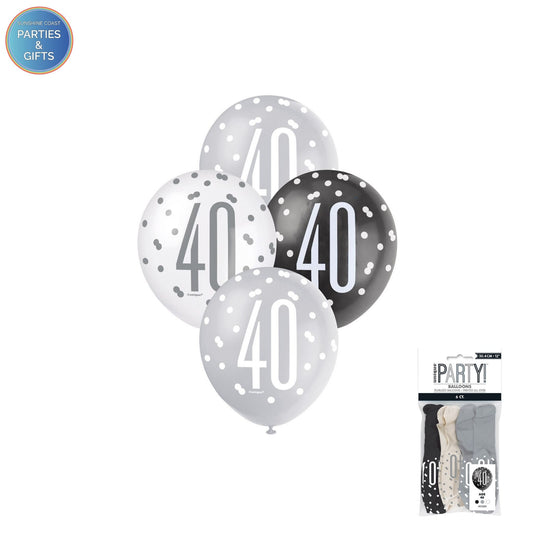 BLACK, SILVER & WHITE 30.4CM LATEX BALLOONS 6 PACK - AGE 40