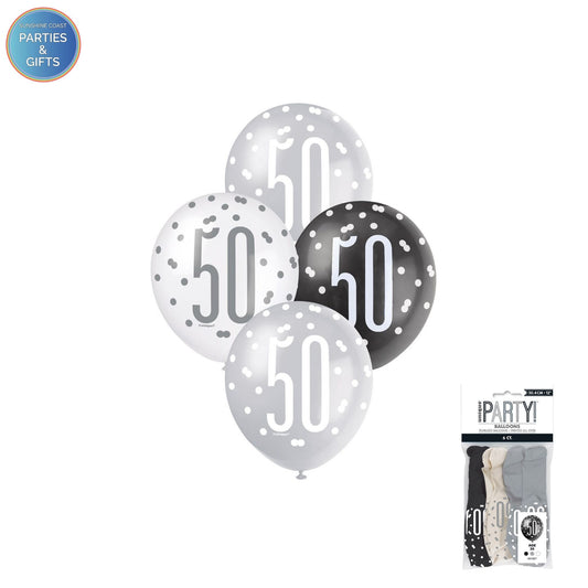 BLACK, SILVER & WHITE 30.4CM LATEX BALLOONS 6 PACK - AGE 50