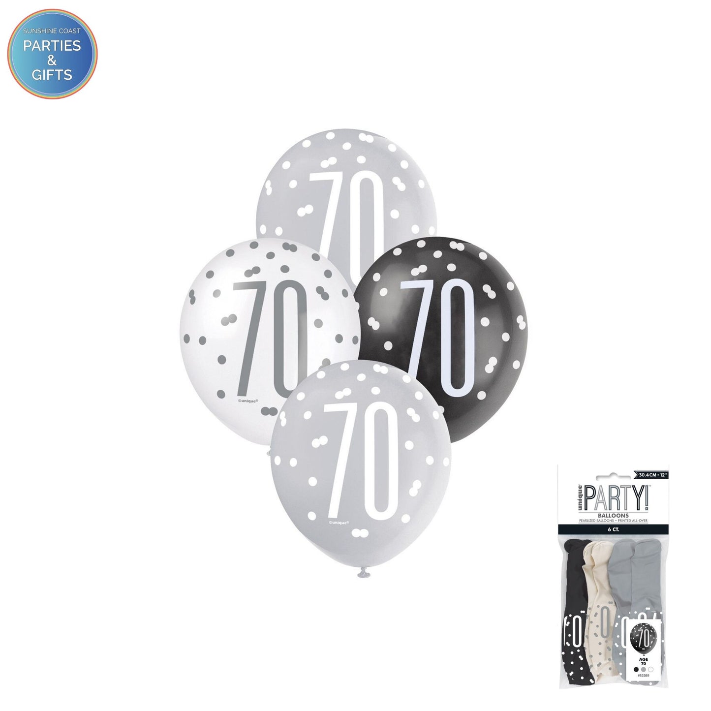 BLACK, SILVER & WHITE 30.4CM LATEX BALLOONS 6 PACK - AGE 70