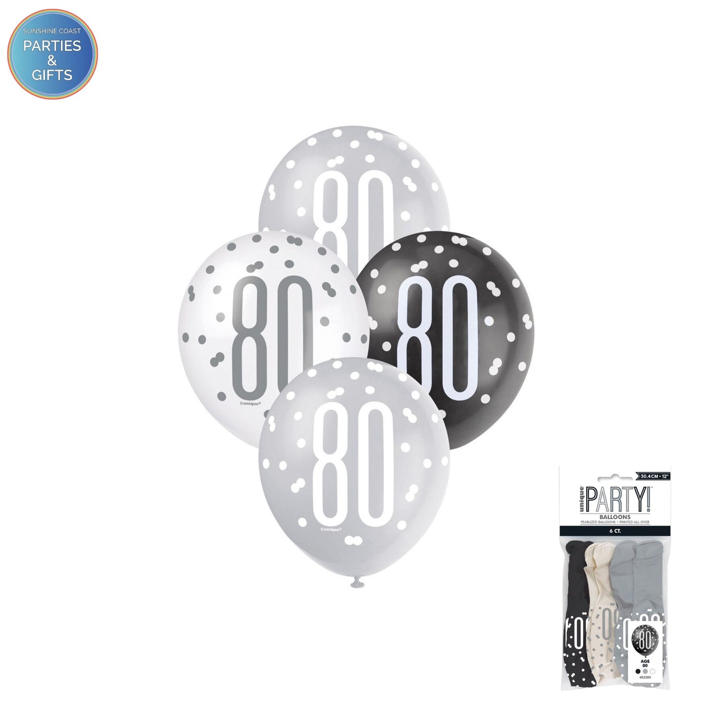 BLACK, SILVER & WHITE 30.4CM LATEX BALLOONS 6 PACK - AGE 80