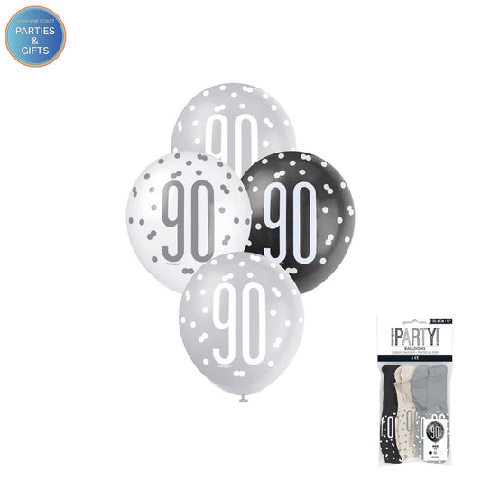 BLACK, SILVER & WHITE 30.4CM LATEX BALLOONS 6 PACK - AGE 90