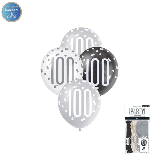 BLACK, SILVER & WHITE 30.4CM LATEX BALLOONS 6 PACK - AGE 100