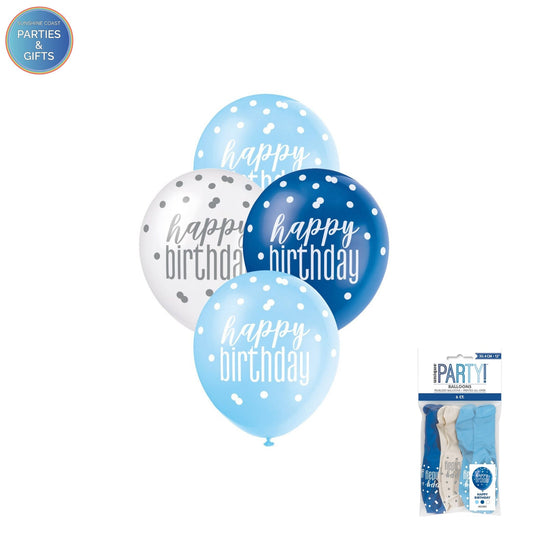 HAPPY BIRTHDAY LIGHT BLUE, BLUE & WHITE LATEX BALLOONS 30.4CM - PACK OF 6