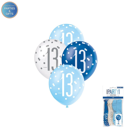 LIGHT BLUE, BLUE & WHITE 30.4CM LATEX BALLOONS 6 PACK - AGE 13