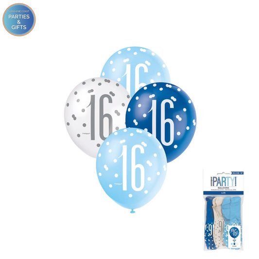 LIGHT BLUE, BLUE & WHITE 30.4CM LATEX BALLOONS 6 PACK - AGE 16