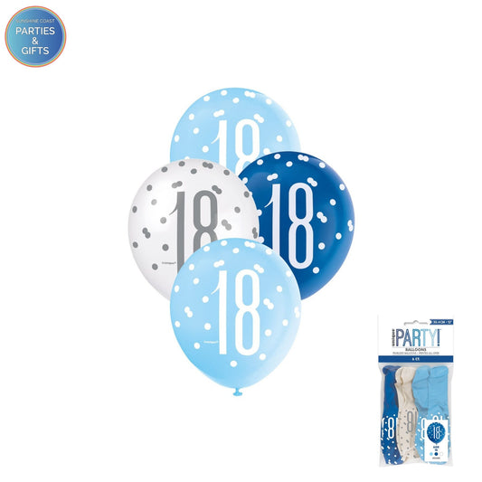 LIGHT BLUE, BLUE & WHITE 30.4CM LATEX BALLOONS 6 PACK - AGE 18