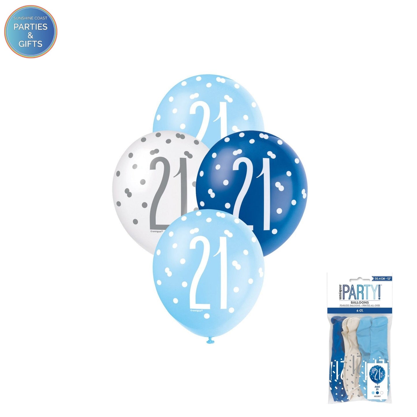 LIGHT BLUE, BLUE & WHITE 30.4CM LATEX BALLOONS 6 PACK - AGE 21
