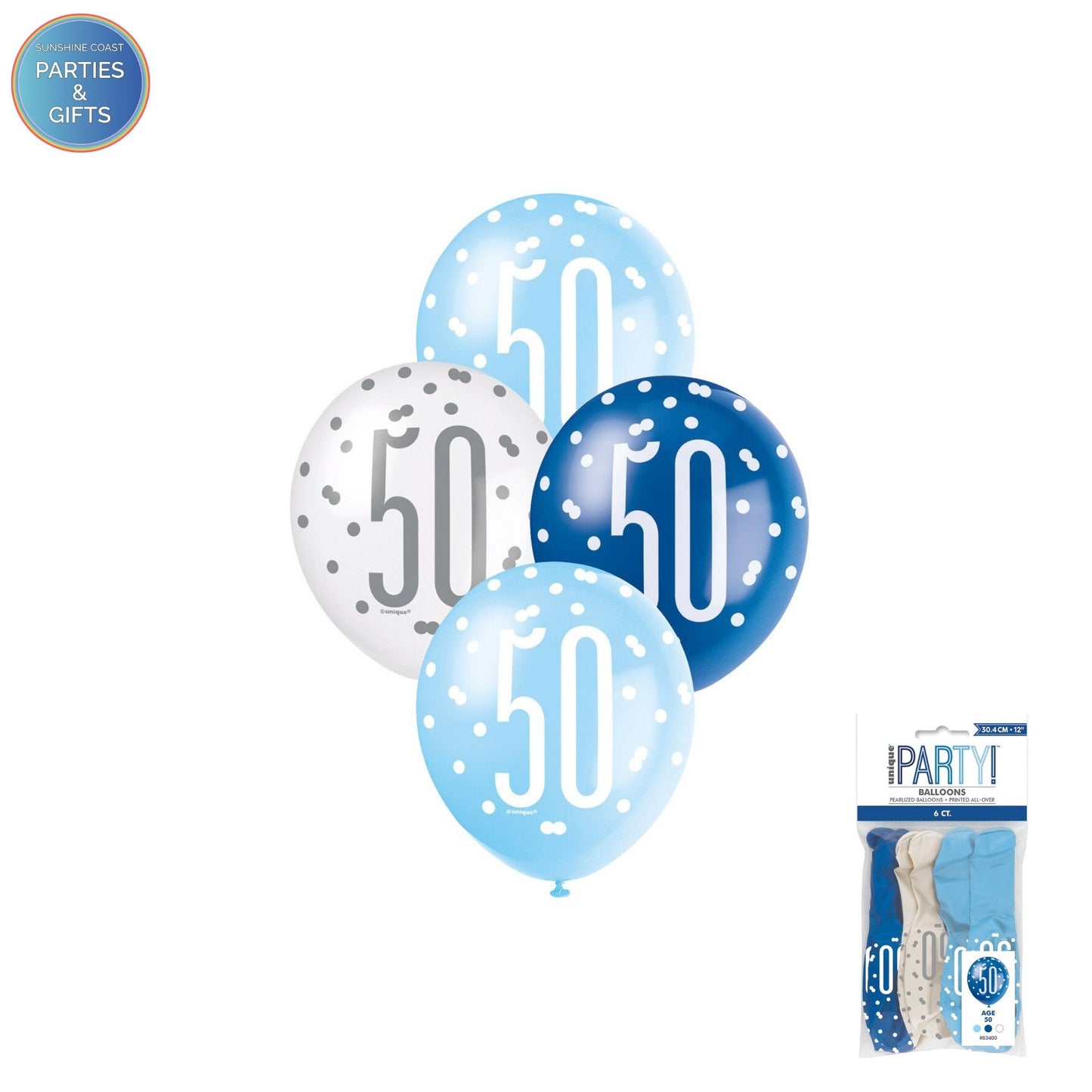 LIGHT BLUE, BLUE & WHITE 30.4CM LATEX BALLOONS 6 PACK - AGE 50