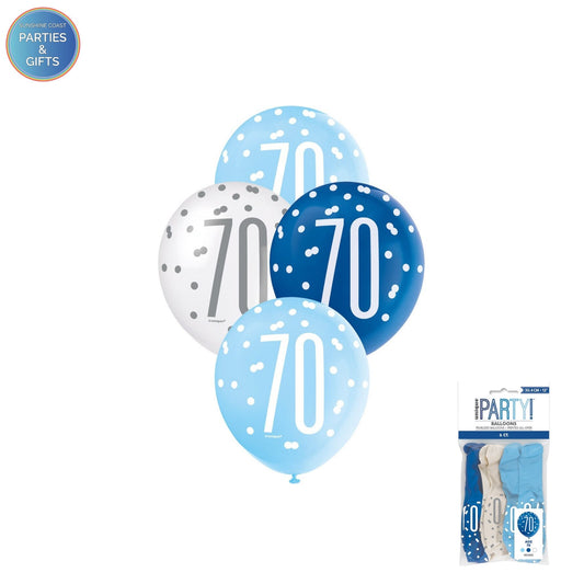 LIGHT BLUE, BLUE & WHITE 30.4CM LATEX BALLOONS 6 PACK - AGE 70