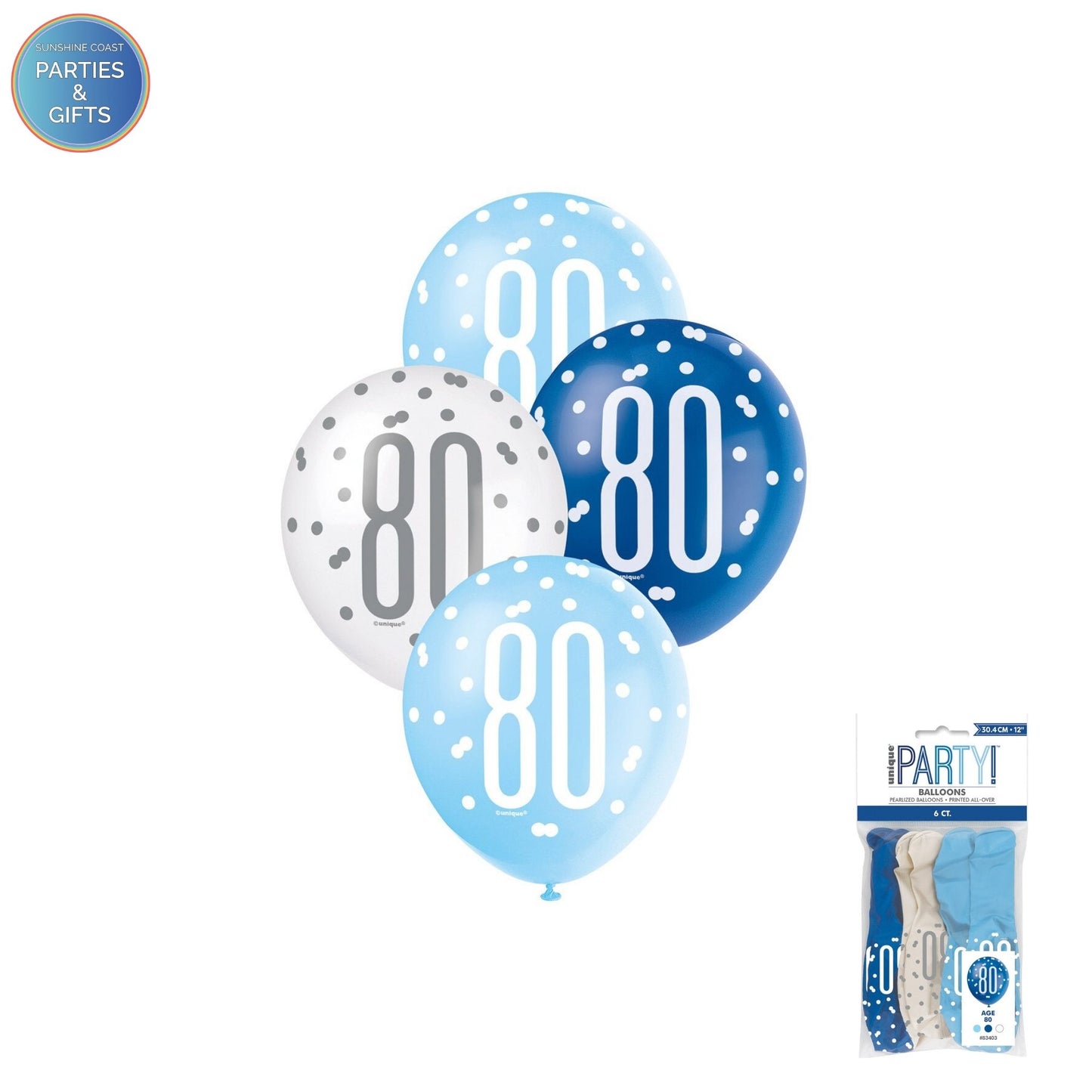 LIGHT BLUE, BLUE & WHITE 30.4CM LATEX BALLOONS 6 PACK - AGE 80