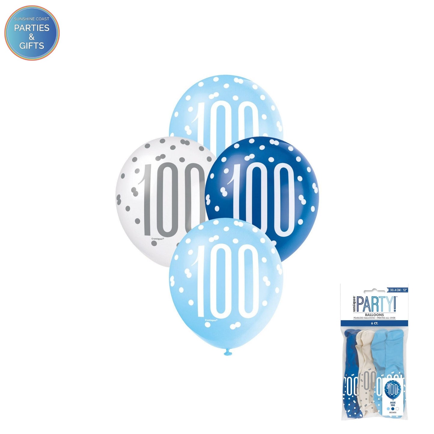 LIGHT BLUE, BLUE & WHITE LATEX BALLOONS 30.4CM 6 PACK - AGE 100