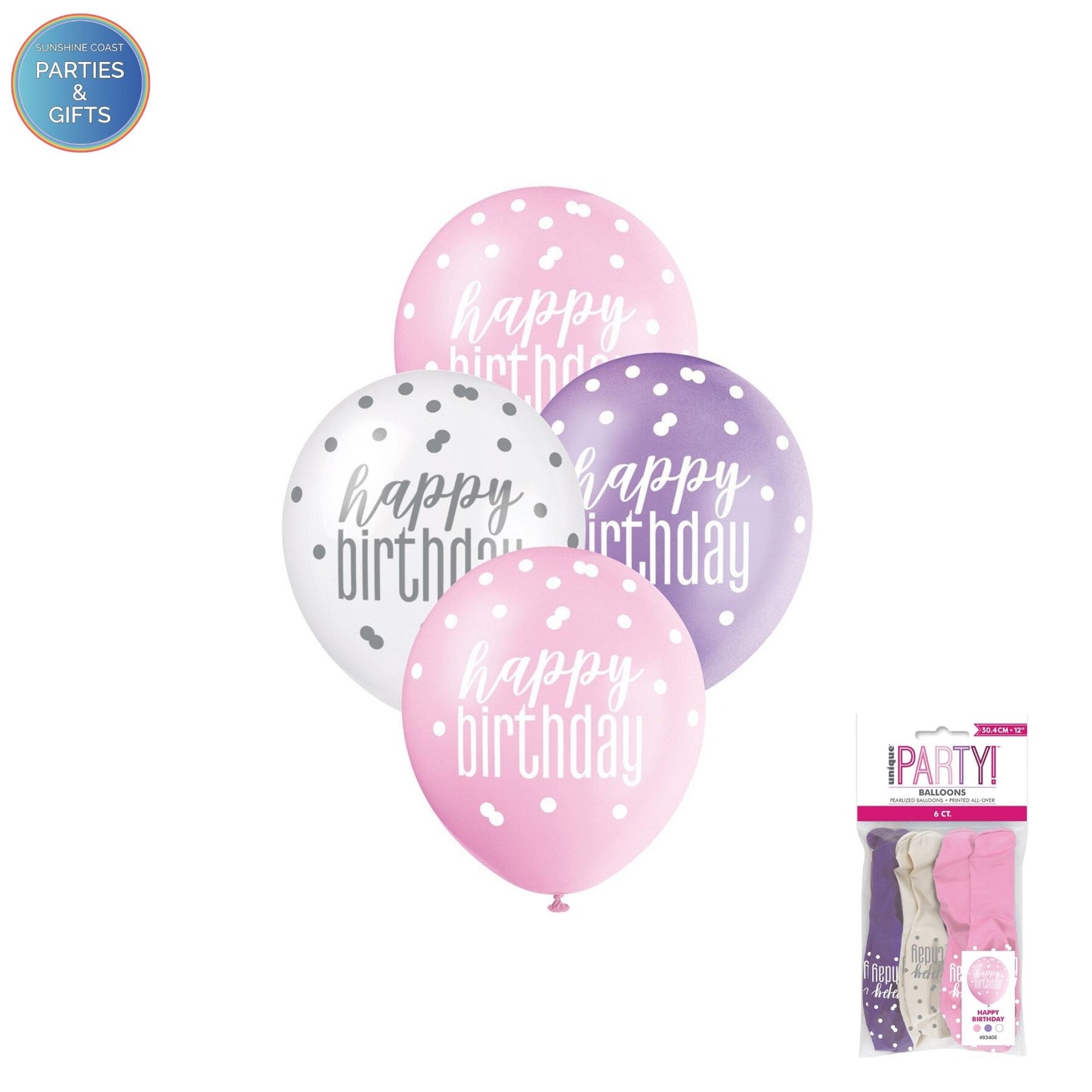 HAPPY BIRTHDAY PINK, PURPLE & WHITE LATEX BALLOONS 30.4CM - PACK OF 6