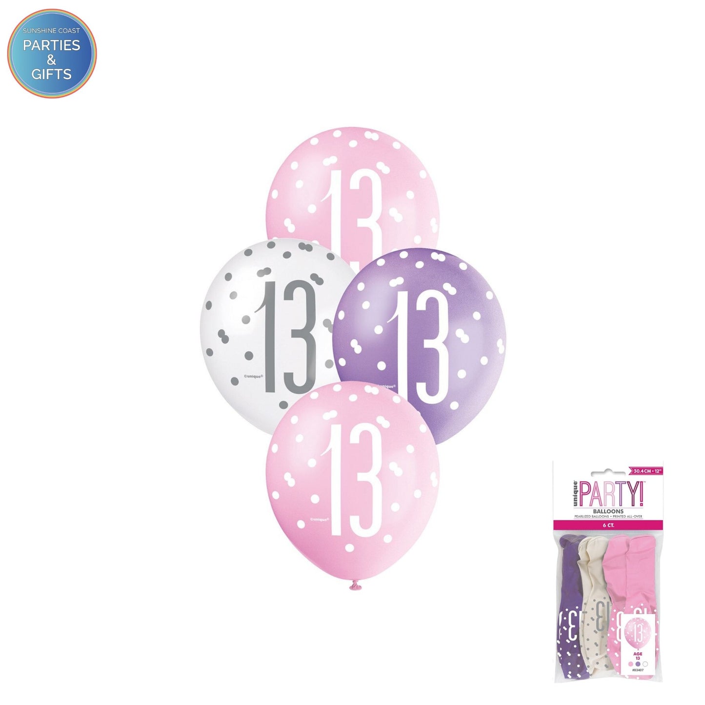 PINK, PURPLE & WHITE 30.4CM LATEX BALLOONS 6 PACK - AGE 13