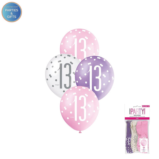 PINK, PURPLE & WHITE 30.4CM LATEX BALLOONS 6 PACK - AGE 13