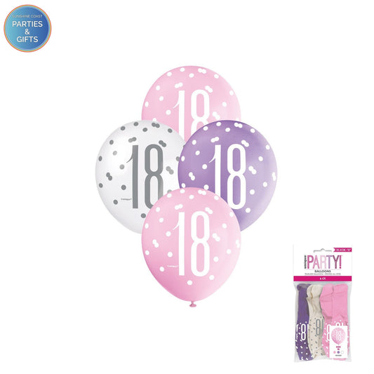 PINK, PURPLE & WHITE 30.4CM LATEX BALLOONS 6 PACK - AGE 18