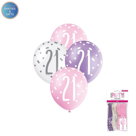 PINK, PURPLE & WHITE 30.4CM LATEX BALLOONS 6 PACK - AGE 21