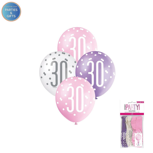 PINK, PURPLE & WHITE 30.4CM LATEX BALLOONS 6 PACK - AGE 30
