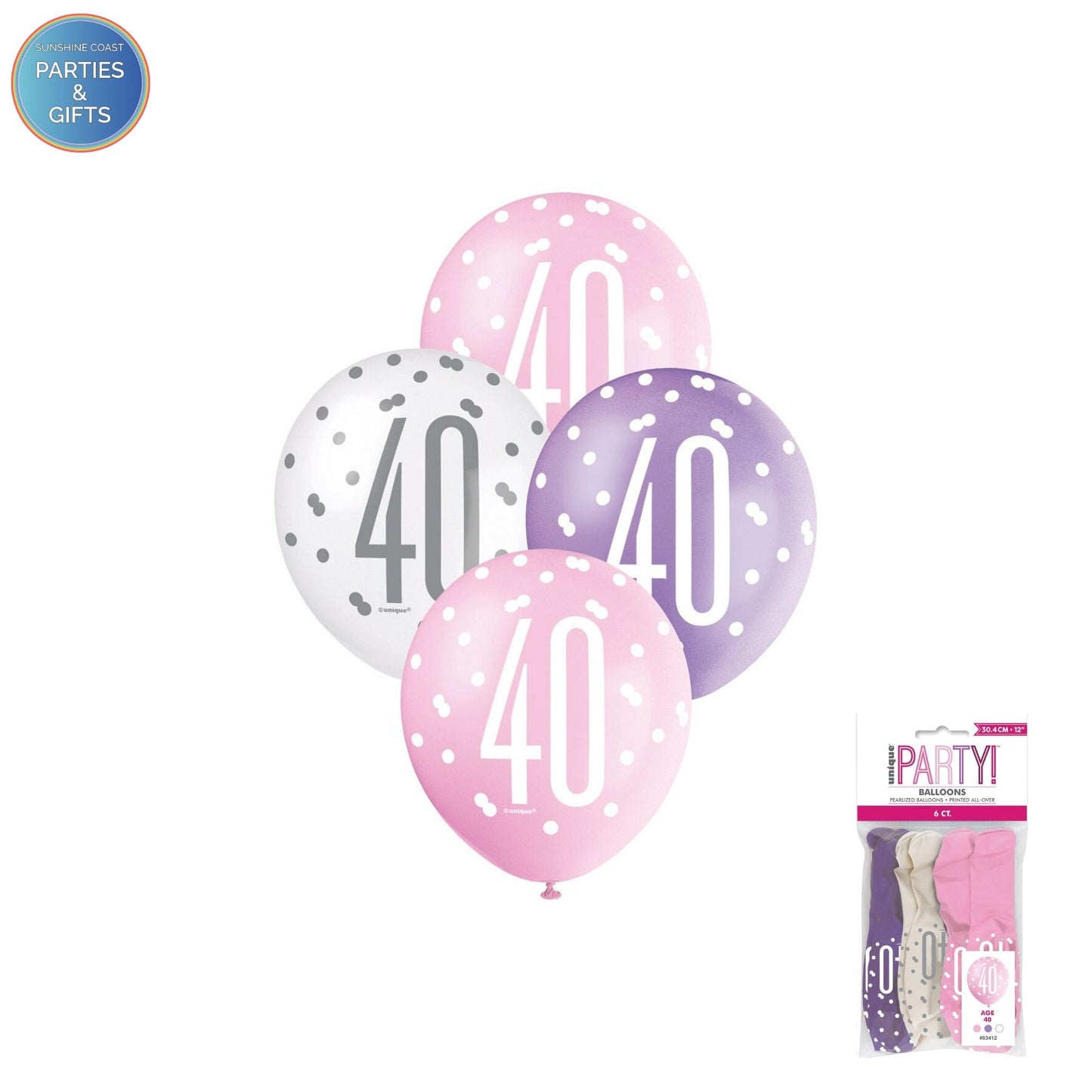 PINK, PURPLE & WHITE 30.4CM LATEX BALLOONS 6 PACK - AGE 40