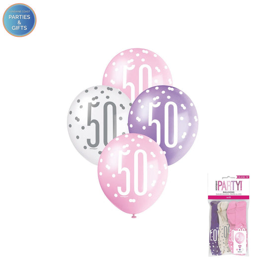 PINK, PURPLE & WHITE 30.4CM LATEX BALLOONS 6 PACK - AGE 50
