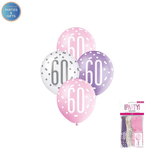 PINK, PURPLE & WHITE 30.4CM LATEX BALLOONS 6 PACK - AGE 60