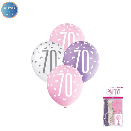 PINK, PURPLE & WHITE 30.4CM LATEX BALLOONS 6 PACK - AGE 70