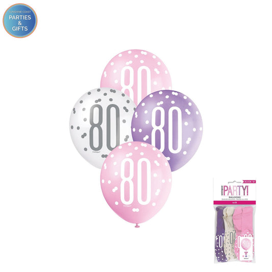 PINK, PURPLE & WHITE 30.4CM LATEX BALLOONS 6 PACK - AGE 80