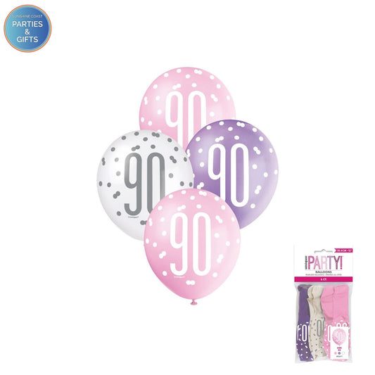 PINK, PURPLE & WHITE 30.4CM LATEX BALLOONS 6 PACK - AGE 90