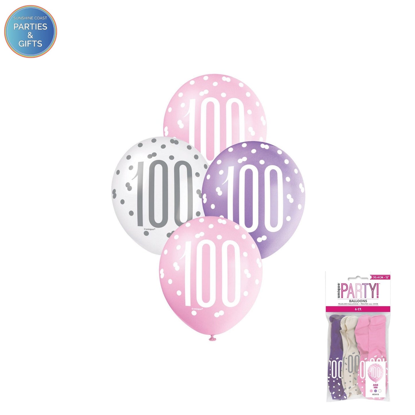 PINK, PURPLE & WHITE 30.4CM LATEX BALLOONS 6 PACK - AGE 100