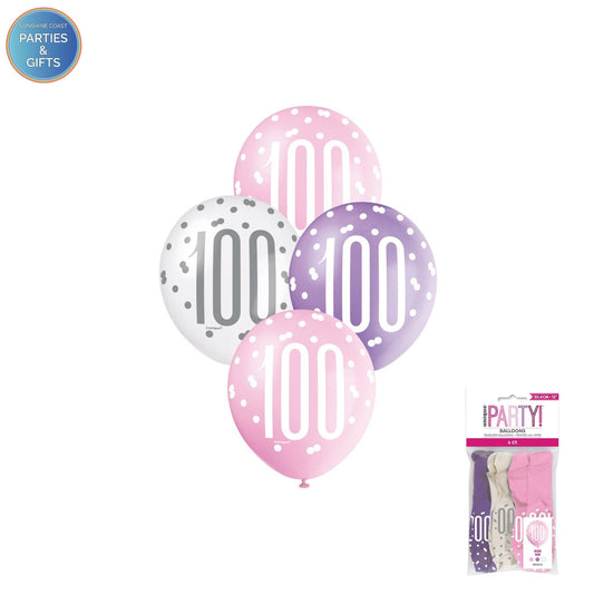PINK, PURPLE & WHITE 30.4CM LATEX BALLOONS 6 PACK - AGE 100