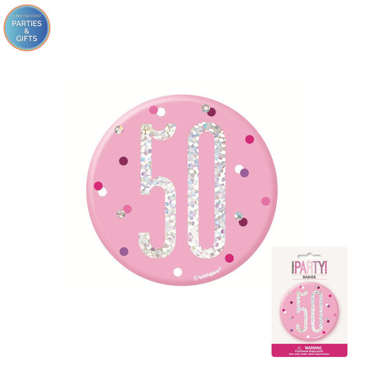 GLITZ PINK 7.6CM BIRTHDAY BADGE - 50