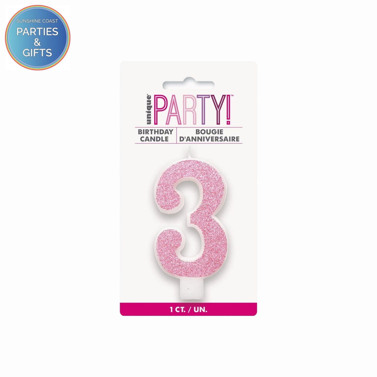 PINK GLITTER NUMERAL CANDLE - # 3