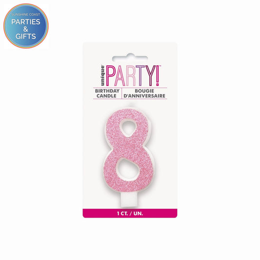 PINK GLITTER NUMERAL CANDLE - # 8