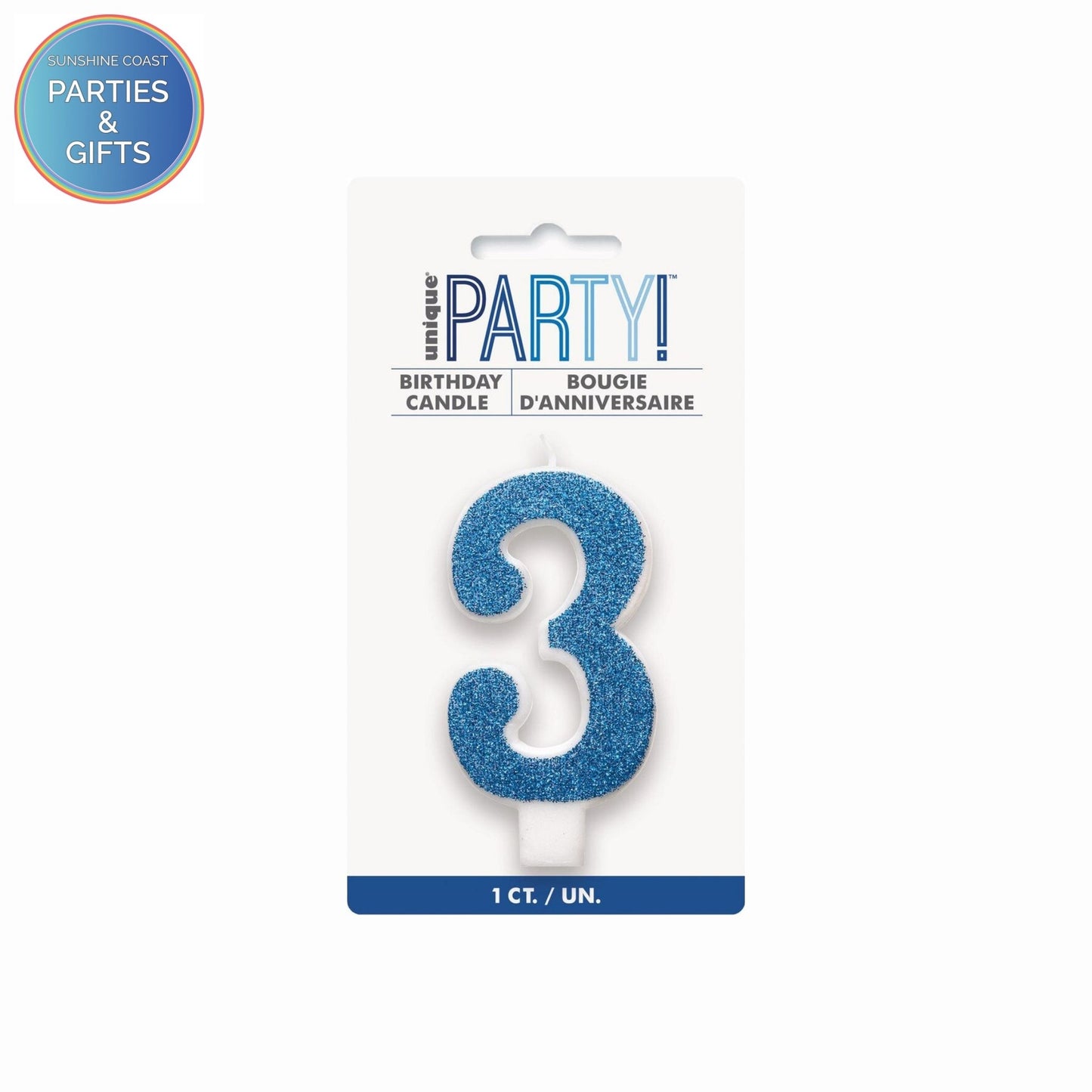 BLUE GLITTER NUMERAL CANDLE - # 3